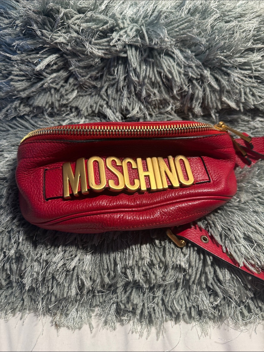 Moschino Red Pebbled Leather Logo Belt Bag with Gold Hardware